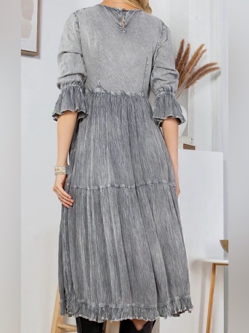 New Young Threads Grey Tiered Maxi Dress with Textured Bodice - Picture 4 of 8